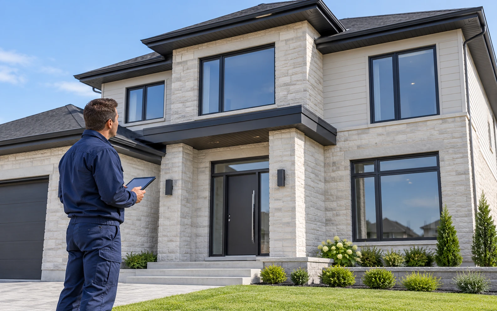 Inspecteur devant une maison contemporaine à la façade épurée