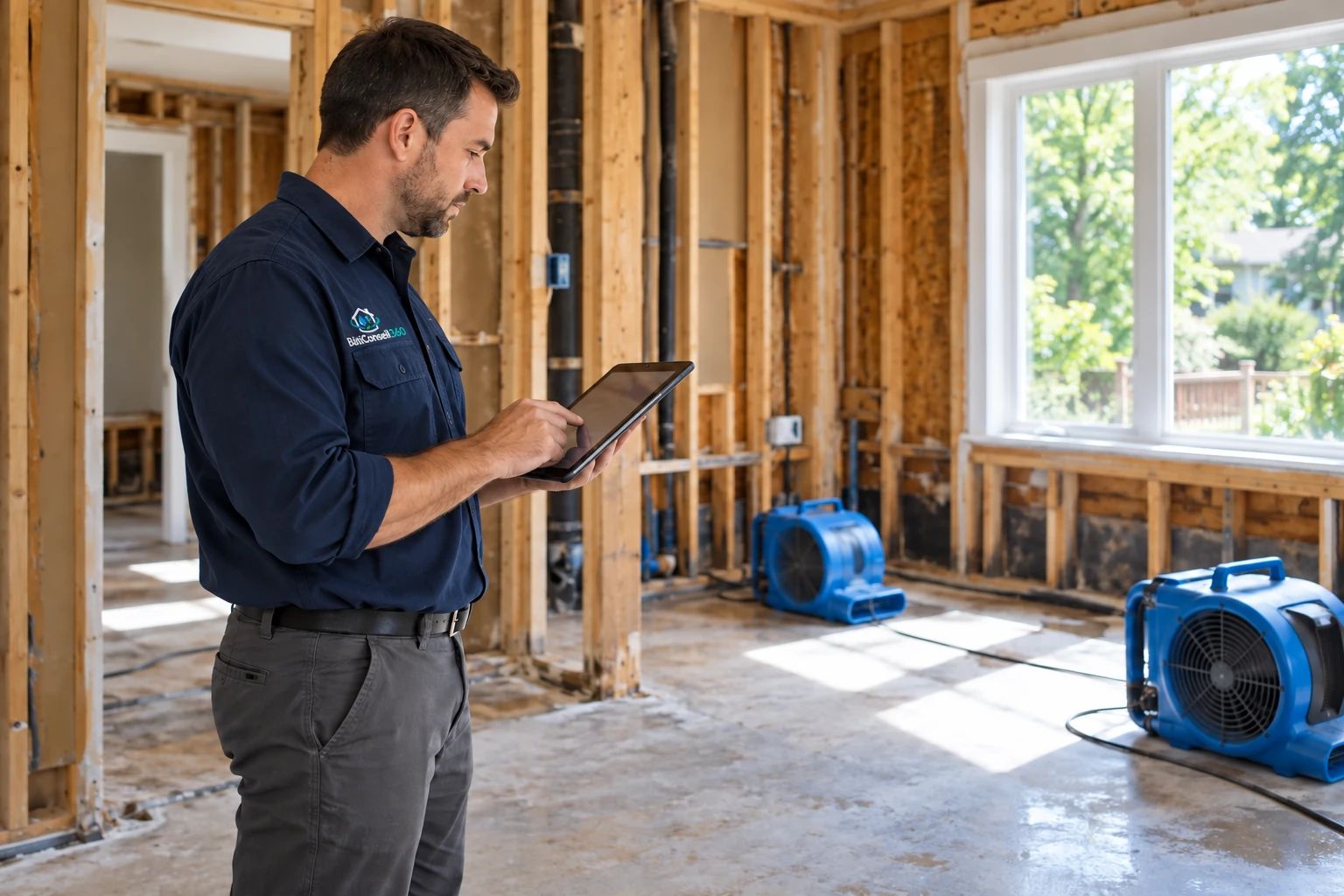 Technicien BâtiConseil 360 consultant sa tablette dans une maison en reconstruction après un dégât d’eau